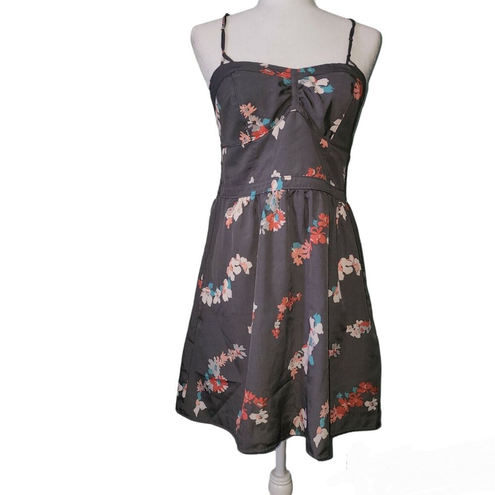 AMERICAN EAGLE Sz 10 Grey Floral  Mini Dress Spaghetti Strap tie neck sweetheart